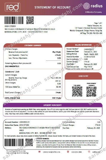 Philippines Red Fiber utility bill template in Word and PDF formats